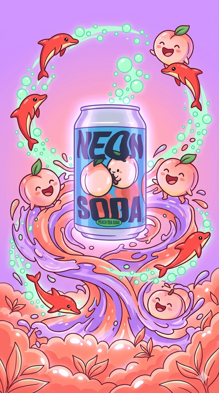 Chaotic Neon Soda arena illustration with dolphins and apples