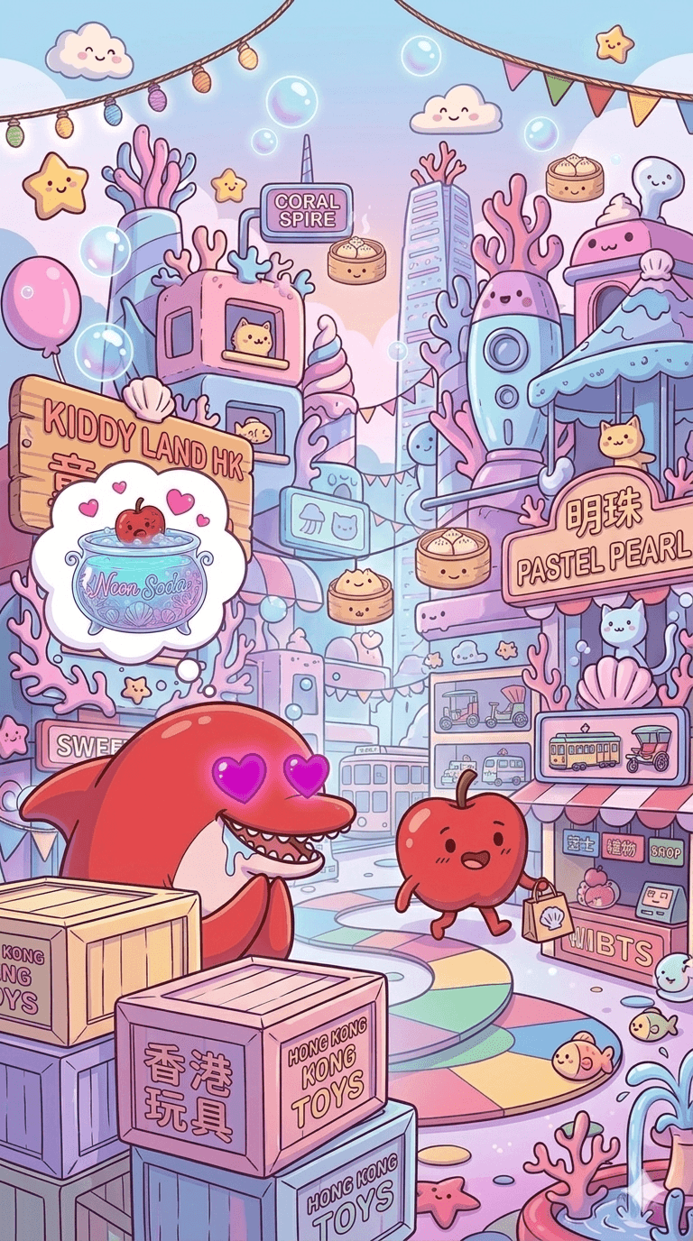 Dreamlike Neon Soda poster with dolphins and peach characters
