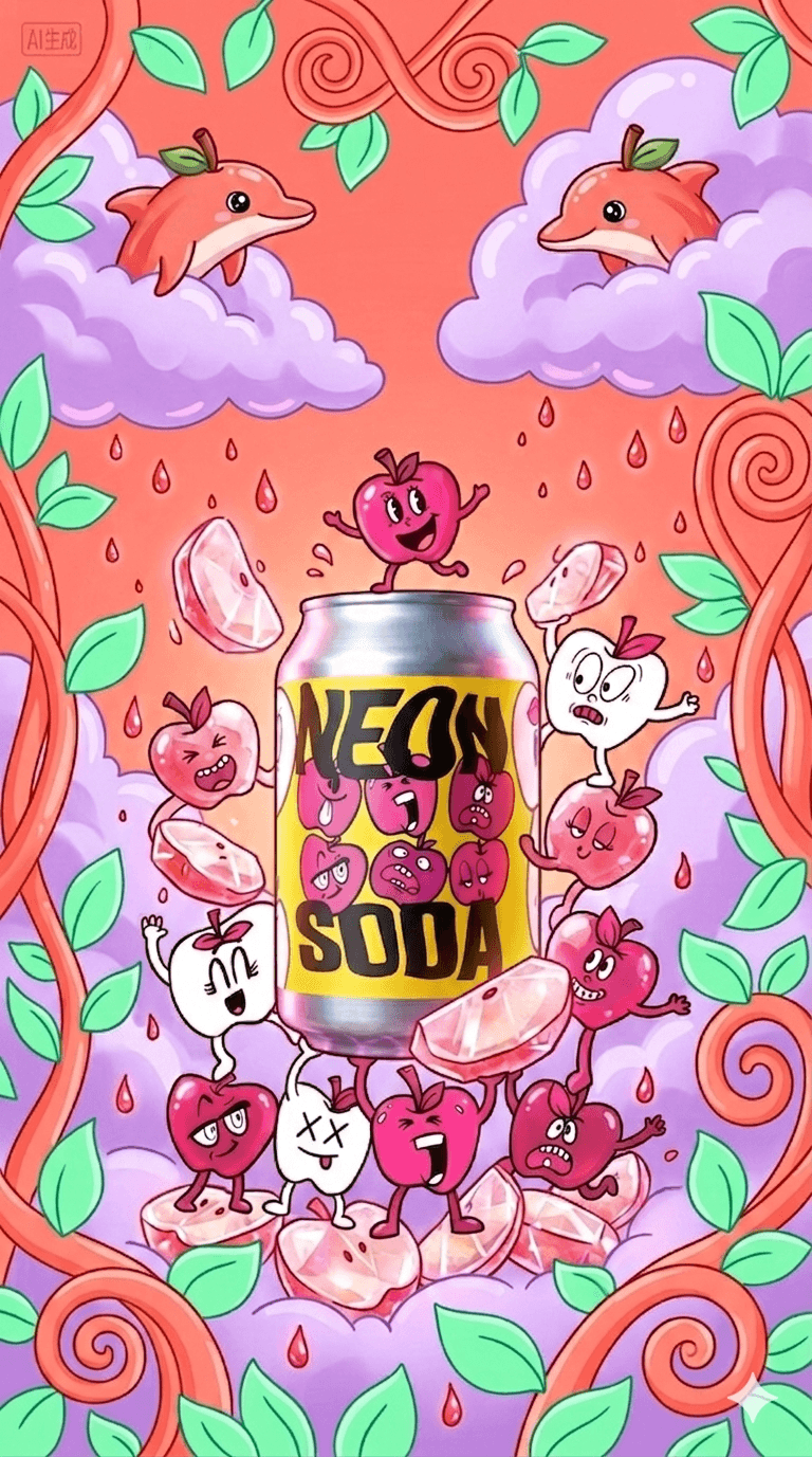 Neon Soda social pack characters swirling around a glowing can